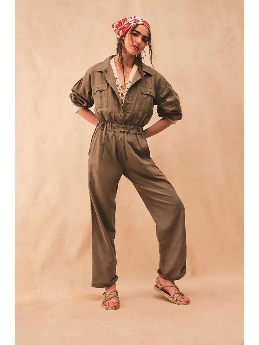 Jen's Pirate Booty Olive Green Linen Blend Utility Jumpsuit Size S